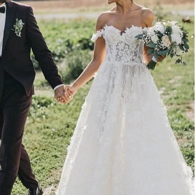 Sleeveless a-line off-the-shoulder sweep train wedding dress with appliques  - Thumbnail 3