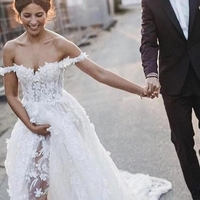 Sleeveless A-Line Off-the-Shoulder Sweep Train Wedding Dress with Appliques  - Thumbnail 2