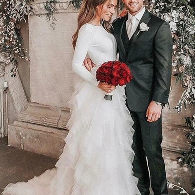 A-line ivory sweep train tulle long sleeves beach wedding dresses with ruffles - Thumbnail 5