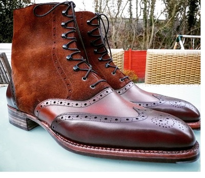 Handmade Men's Brown Wing Tip Ankle Lace Up Leather Suede Dress Boots