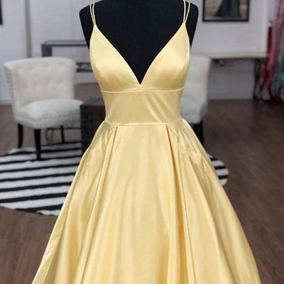 Ball gown v neck spaghetti straps daffodil satin prom dresses with pockets - Thumbnail 3