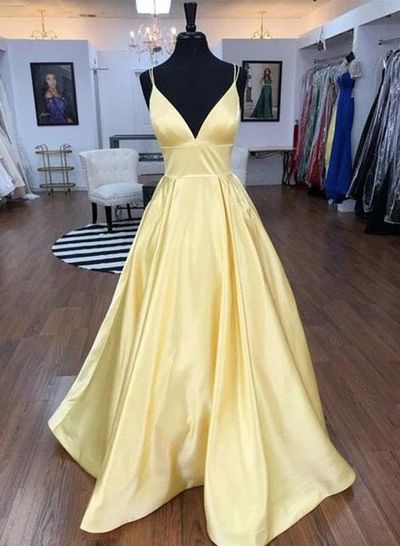 Ball Gown V Neck Spaghetti Straps Daffodil Satin Prom Dresses with Pockets