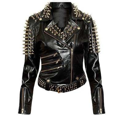 Handmade Woman Plain Black Studded Leather Jacket Spike Belted Studs Zipper Brando Pocket made to order