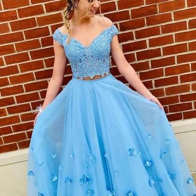 Cute two piece off the shoulder blue lace prom dresses with handmade 3d flower - Thumbnail 5