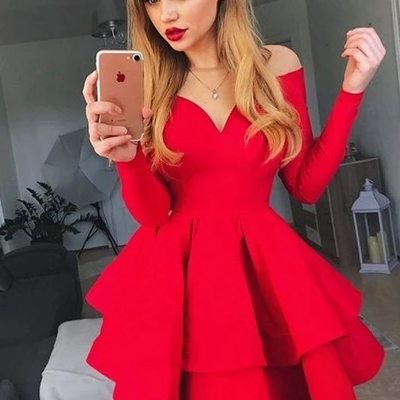 Off the shoulder v-neck tiered red satin homecoming dress long sleeves  - Thumbnail 4