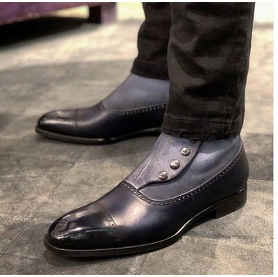 New Men's Handmade Ankle High Button Cap Toe Dress Boot, Black Grey Leather