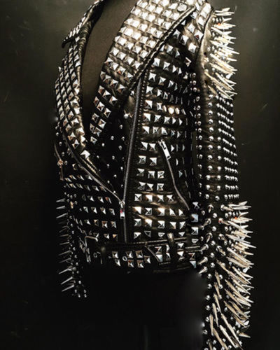 New Woman Full Black Rock Punk Silver Long Spiked Studded Leather Brando Jacket
