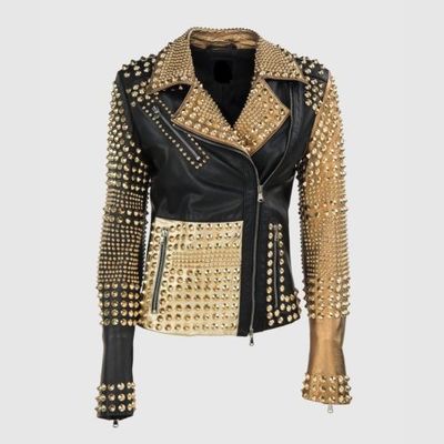 New Woman Punk Brando PP Full Golden Studded Black Biker Cowhide Leather Jacket