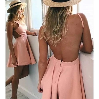 Simple a-line round neck backless pink satin short homecoming dresses - Thumbnail 5