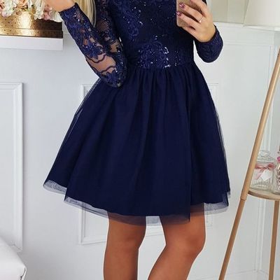 A-line off-the-shoulder long sleeves navy blue homecoming dress short party dress - Thumbnail 4