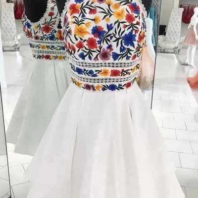 Unique white high neck short prom dresses, a line sleeveless short homecoming dress - Thumbnail 4