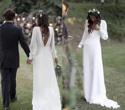Charming Chiffon A Line Bohemian Wedding Dresses Sexy V neck Long Sleeves Floor Length Plus Size Wedding Bridal Gown Vestido De Nova,504
