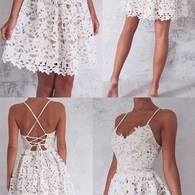 A-line spaghetti straps lace-up white lace short homecoming dress - Thumbnail 4