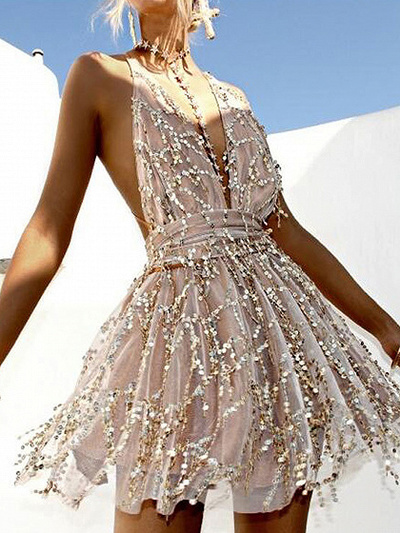 Beige Halter Plunge Neck Backless Sequins