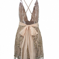 Beige Halter Plunge Neck Backless Sequins - Thumbnail 3