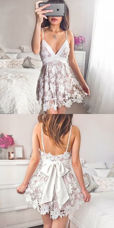 Spaghetti Straps A-Line Lace Homecoming Dresses,Short Prom Dresses,Cheap Homecoming Dresses