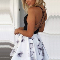 A-Line V-Neck Criss-Cross Straps Print Short White Homecoming Dress - Thumbnail 1