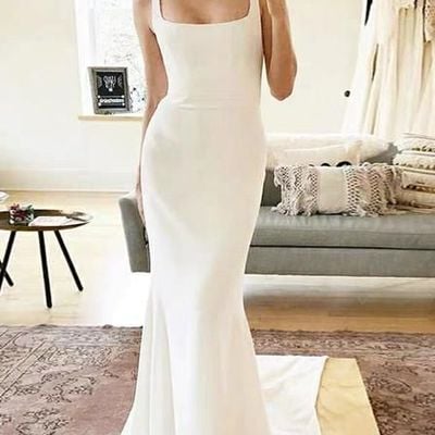 Simple mermaid square neck satin bride gowns, simple wedding dresses with button - Thumbnail 4
