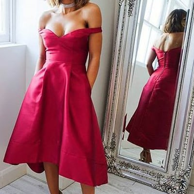 A-line off-the-shoulder tea-length red sleeveless satin homecoming dress - Thumbnail 5