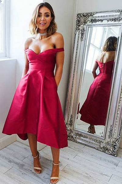 A-Line Off-the-Shoulder Tea-Length Red Sleeveless Satin Homecoming Dress