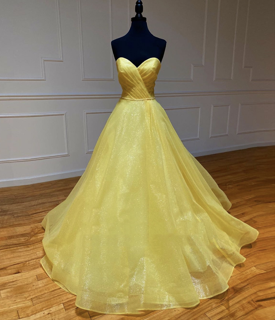 Yellow tulle sequins long prom dress formal dress