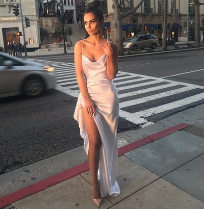 Chic Sheath Cowl Neck White Satin Long Prom Dresses with Split, Evening Dresses