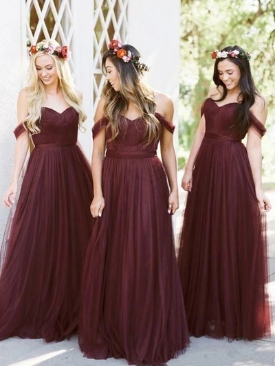 Beautiful Off Shoulder Tulle A Line Long Bridesmaid Dresses