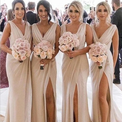 Simple a line v neck sleeveless floor length side slit long bridesmaid dresses - Thumbnail 5