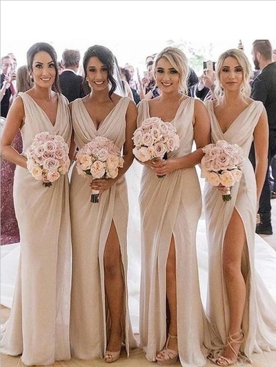 Simple A Line V Neck Sleeveless Floor Length Side Slit Long Bridesmaid Dresses
