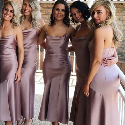 Simple spaghetti strap side slit mermaid long bridesmaid dresses - Thumbnail 4