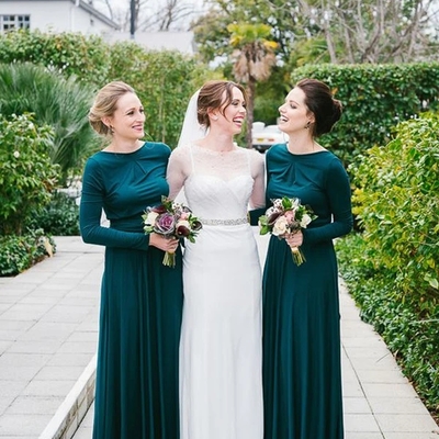Simple teal round neck long sleeves a line long bridesmaid dresses - Thumbnail 5