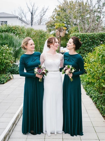 Simple Teal Round Neck Long Sleeves A Line Long Bridesmaid Dresses