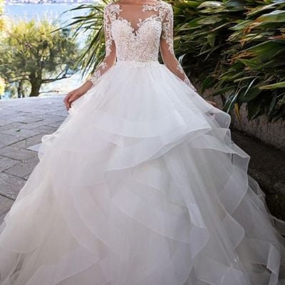 Ball gown v neck long sleeves lace wedding dresses with beading - Thumbnail 5