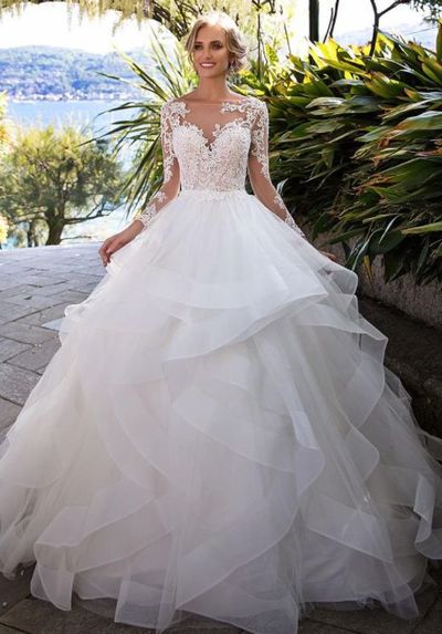 Ball Gown V Neck Long Sleeves Lace Wedding Dresses with Beading