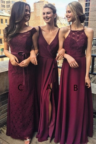 Burgundy A Line Floor Length Sleeveless Appliques Beading Cheap Bridesmaid Dresses