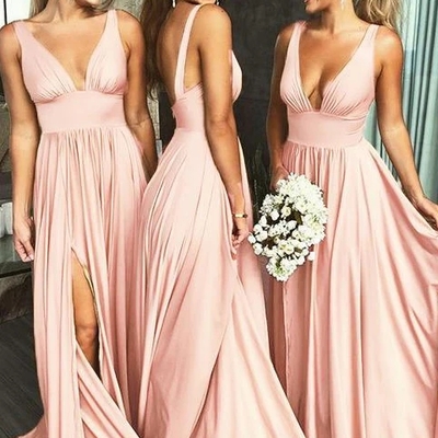 Deep v neck split bridesmaid dress, a line sleeveless backless prom gown - Thumbnail 3