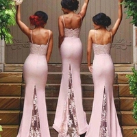 Pink Gorgeous Spaghetti Straps Mermaid Lace Backless Long Bridesmaid Dress - Thumbnail 1