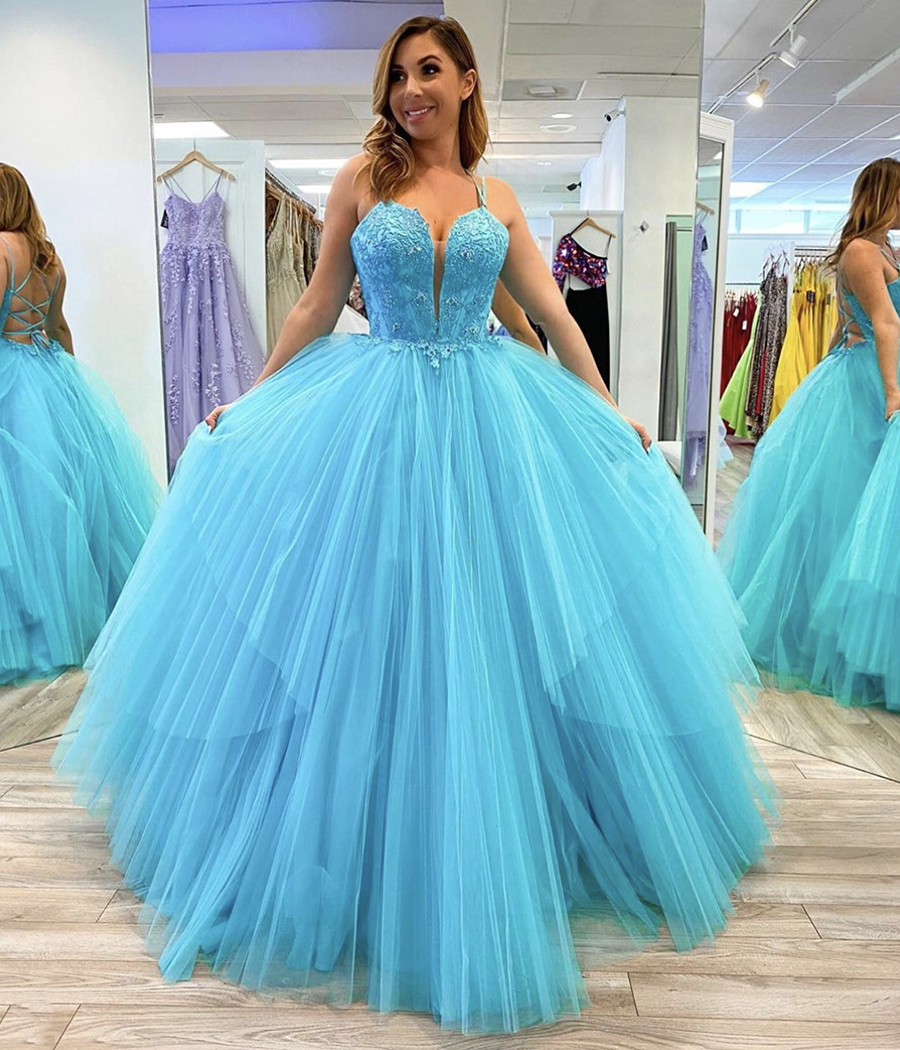 Blue tulle lace long prom gown evening dress