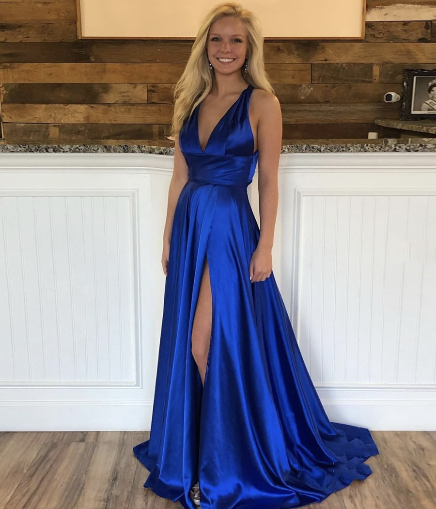 Simple v neck long prom dress blue evening dress