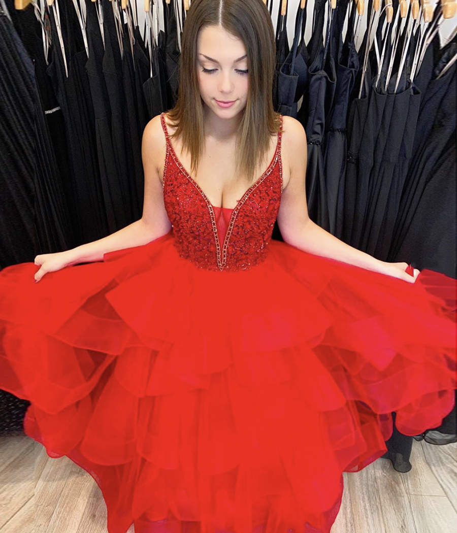 Red tulle short prom dress homecoming dress