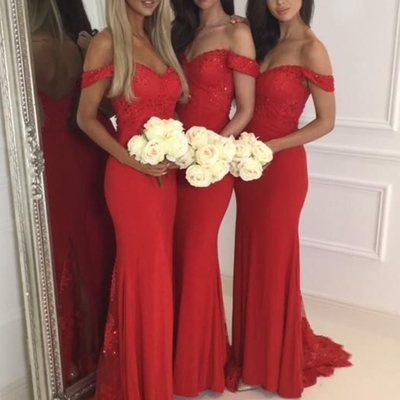 Red jersey lace off the shoulder sweetheart cap sleeves mermaid sweep train bridesmaid dresses, red prom dresses - Thumbnail 3