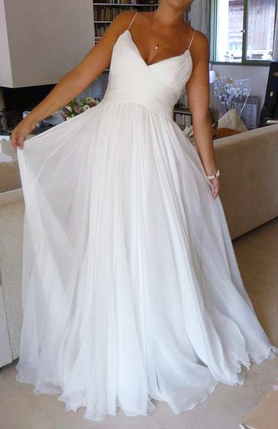 Fairy Simple A Line V Neck Chiffon Ruffled Long Wedding Dresses, Beach Wedding Dresses