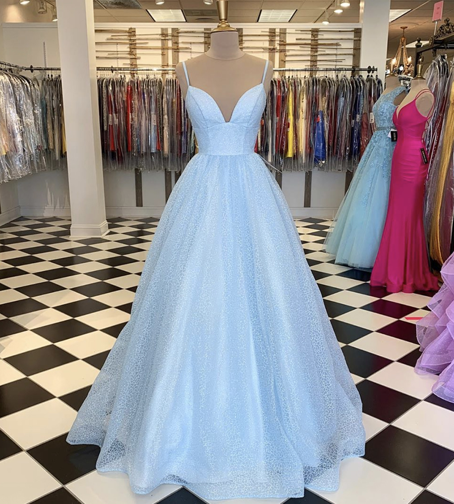 Blue tulle sequins long prom dress