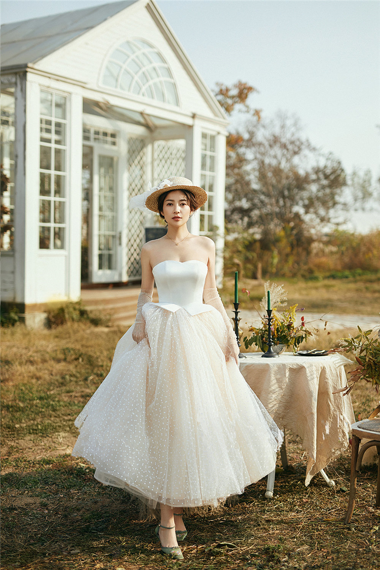 Retro champagne tulle short prom dress