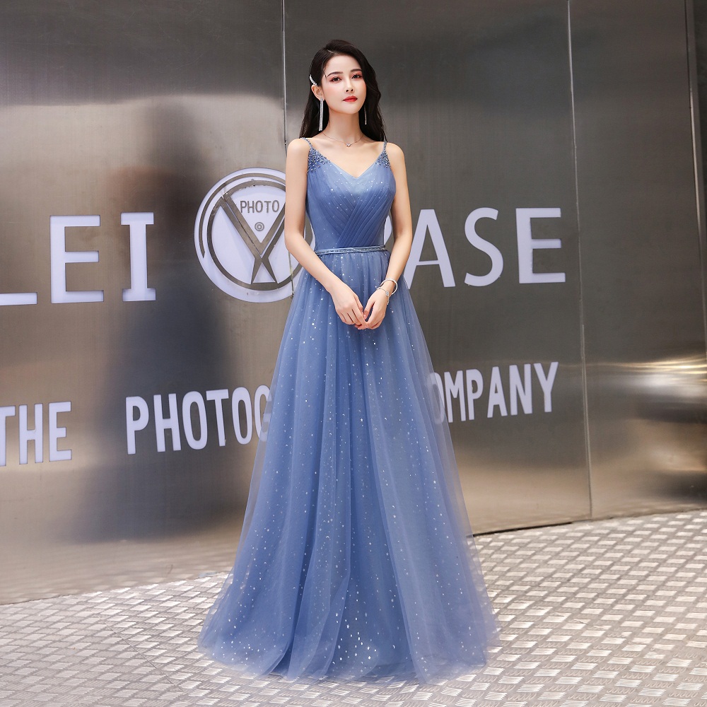 Blue tulle long prom dress simple evening dress