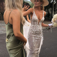 Romantic Sheath Hunt Green Satin Tea Length Bridesmaid Dresses - Thumbnail 2