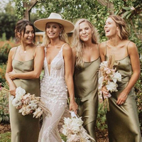 Romantic Sheath Hunt Green Satin Tea Length Bridesmaid Dresses - Thumbnail 1