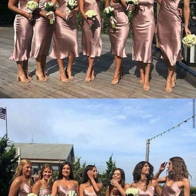 Beauty sleeveless v-neck spaghetti-straps satin slit-skirt tea length bridesmaid dress - Thumbnail 4