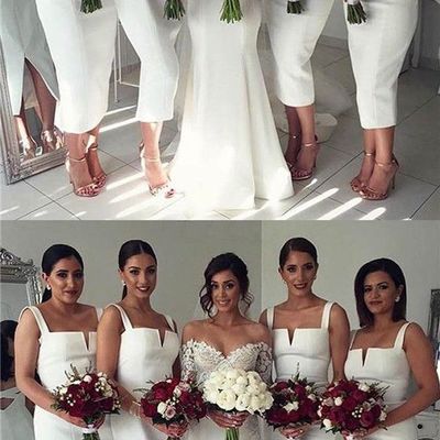 Simple cheap unique bridesmaid dresses, white split bridesmaid dresses, straight v neck sexy tea length bridesmaid dresses - Thumbnail 5