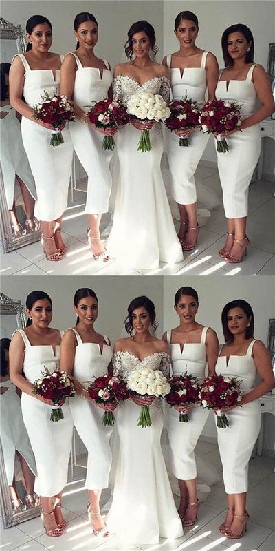 Simple Cheap Unique Bridesmaid Dresses, White Split Bridesmaid Dresses, Straight V Neck Sexy Tea Length Bridesmaid Dresses